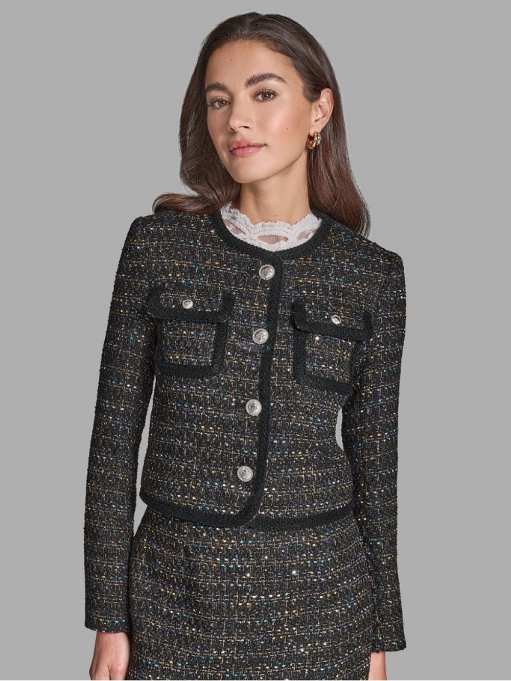 BCBG Black Tweed Cropped Blazer with Subtle Multi-Color Flecks